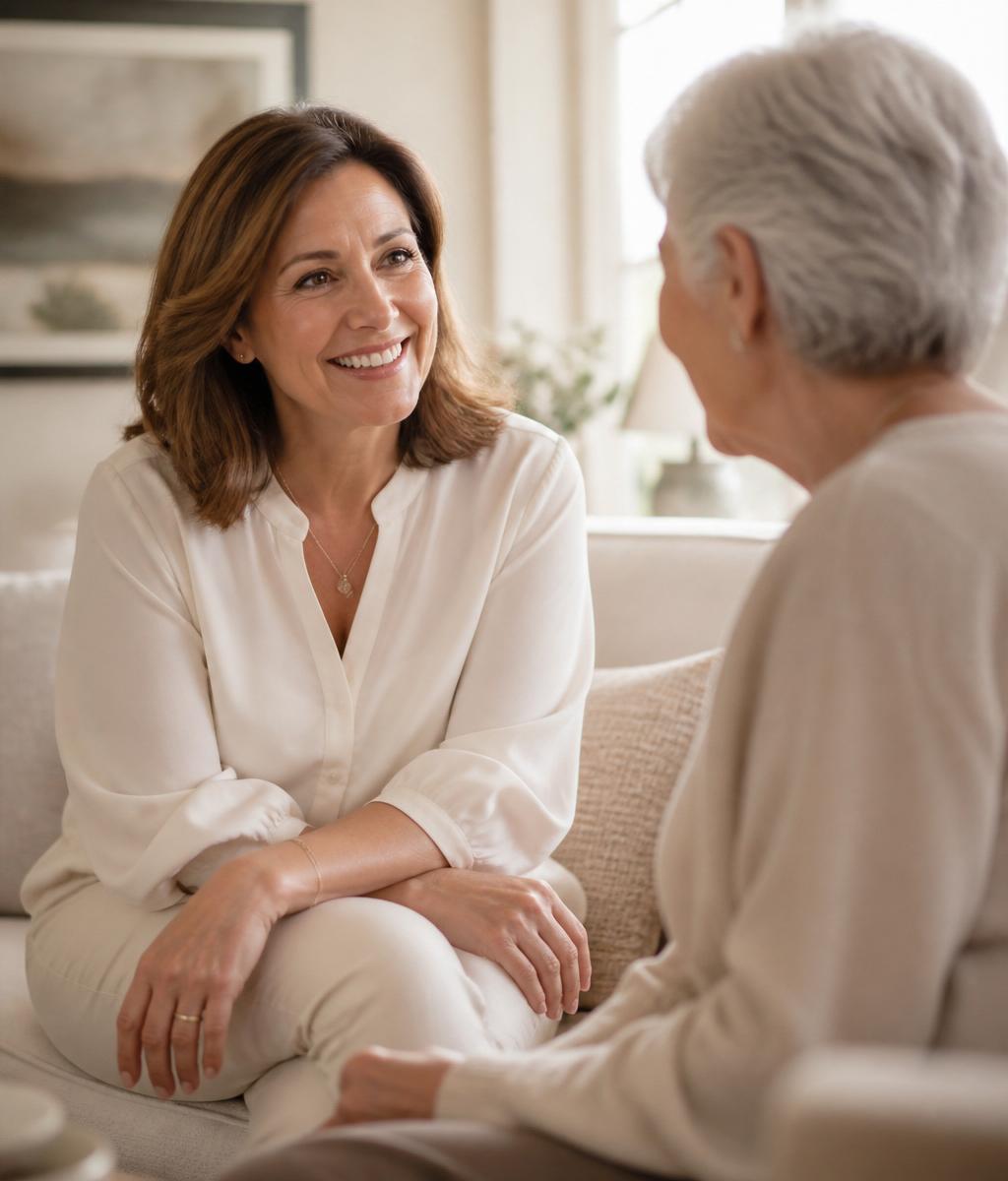 Fundadora conversando com paciente idosa